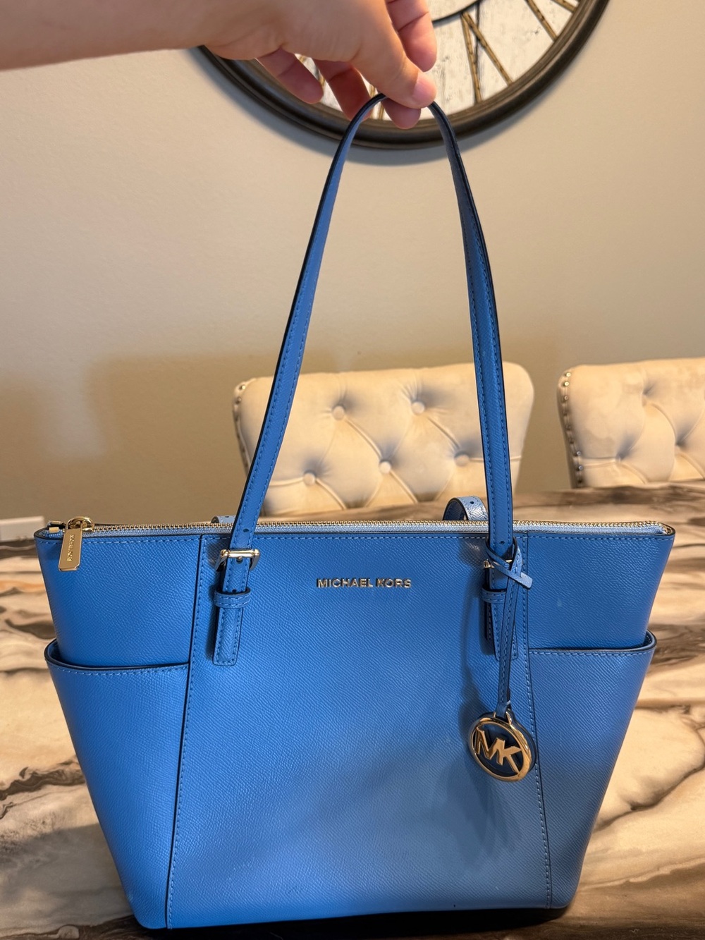 Michael Kors Bright Blue Saffiano Leather Tote with MK Charm